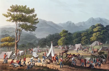 Truppen biwakieren in der Nähe von Villa Velha, graviert von C. Turner, 19. Mai 1811